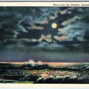 1938 Atlantic Beach, Fla Moon over Atlantic Ocean Night Scene View Linen PC A228