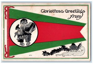 Christmas Greetings From Boy With Toys Santa Head Berries Pennant Postcard