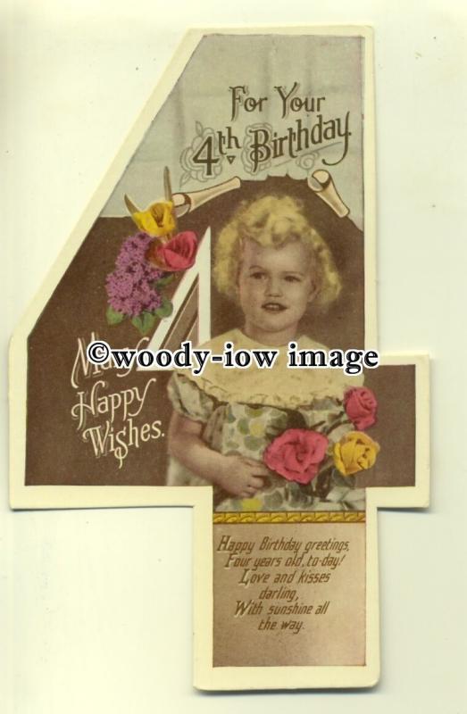 su1869  - Child's 4th Birthday and Verse, Little Girl, shaped as a 4 -  postcard 