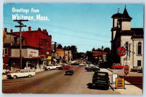 Whitman Massachusetts Postcard Greetings Street Scene Building Classic Cars 1970