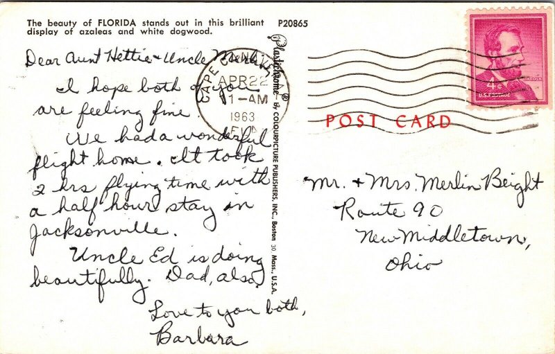 Florida Azalea White Dogwood Postcard PM Cape Canaveral FL Clean Cancel WOB Note 