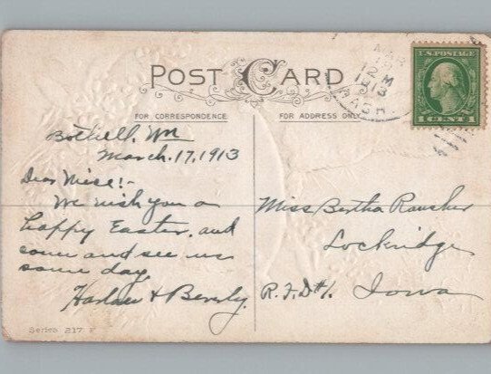 Easter Greetings Cute Bunny Rabbits Blue Egg 1913 b725