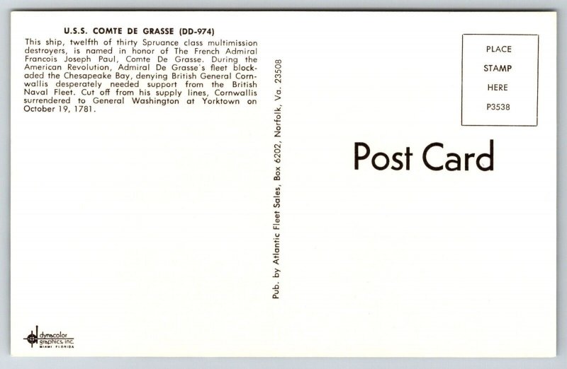 USS Comte De Grasse DD 974 Navy Spruance Class Multi-mission Destroyer Postcard