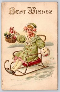 Victorian Girl On Chair Snow Sled~Ermine~Gold Leaf Basket~c1910 Vintage Postcard