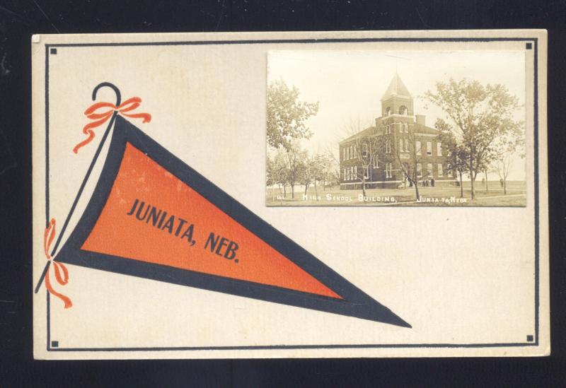 RPPC JUNIATA NEBRASKA HIGH SCHOOL ORANGE PENNANT OLD REAL PHOTO POSTCARD