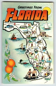 Greetings From Florida Map Chrome Postcard Swordfish Fishing Boats Beach 1958