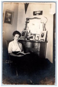 1912 Candid Interior Woman Pennant Dresser Dell Rapids SD RPPC Photo Postcard