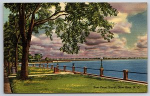 New Bern North Carolina~East Front Street Along Water~Linen Postcard