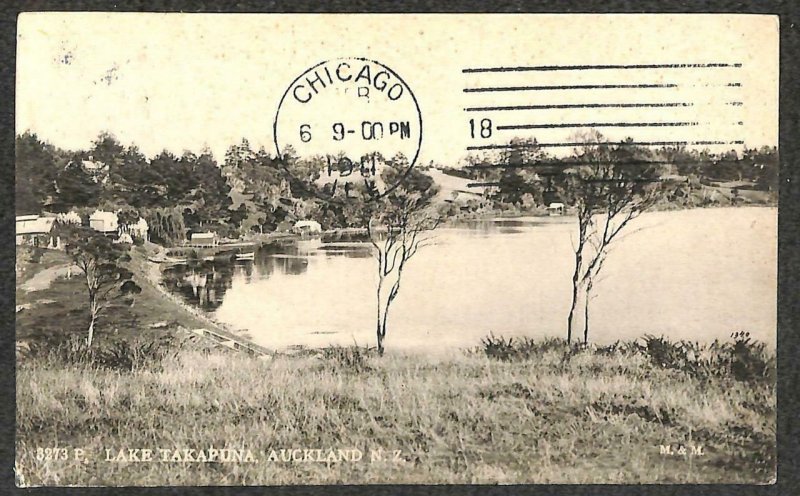 LAKE TAKAPUNA AUCKLAND NEW ZEALAND TO USA POSTCARD 1910