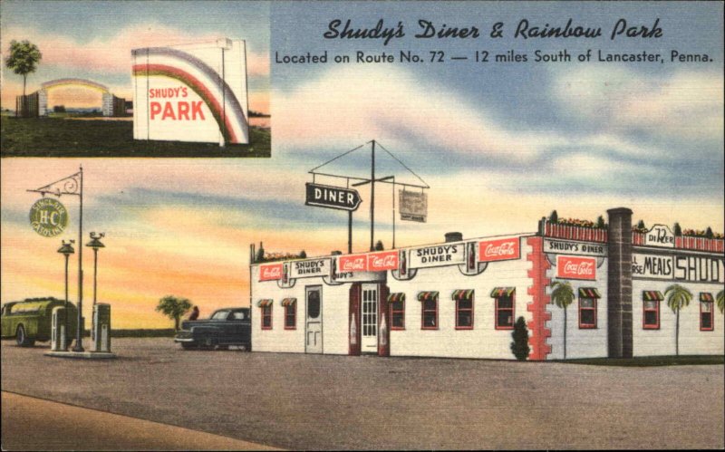 Drumore Lancaster PA Shudy's Diner Gas Station BEAUTIFUL ROADSIDE LINEN Postcard