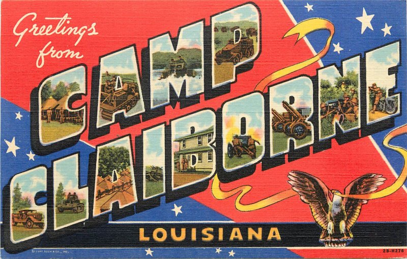 Curt Teich Large Letter WWII Postcard Greetings Camp Claiborne LA