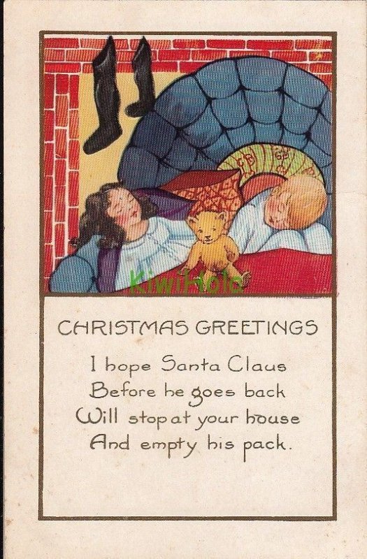 Postcard Christmas Greetings Children Sleeping + Teddy Bear