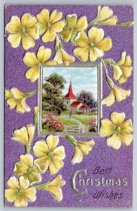 Best Christmas Wishes, Church, Antique Embossed Landscape Floral Series Postcard