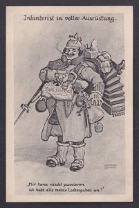 WWI Feldpost German humorous postcard infantry full gear soldier cartoon 1916