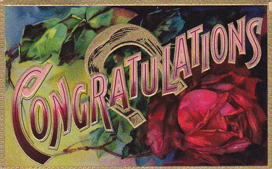 Congratulations Red Rose and Horseshoe 1909 Embossed