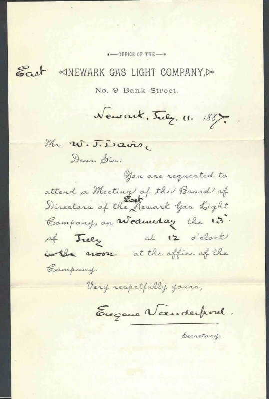 1887 Newark Gas Light Co Newark NJ Letter No Envelope