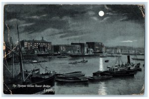 1910 Steamboat The Thames Below Tower Bridge London at Moonlight Postcard