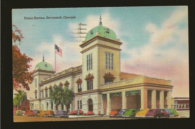 USA Postmark 1946 Savannah GA Union Station Savanna Linen Postcard