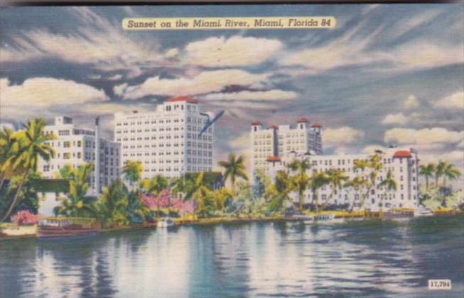 Florida Miami Sunset On The Miami River 1951