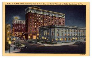 Guaranty Bank & Trust and Hotel Prichard at Night, Huntington, WV Postcard