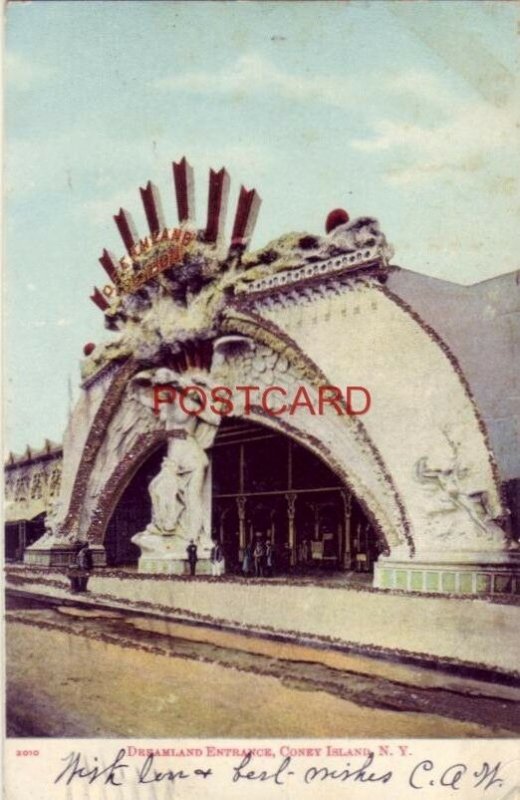 pre-1907 DREAMLAND ENTRANCE, CONEY ISLAND, N. Y. 1906 glitter card