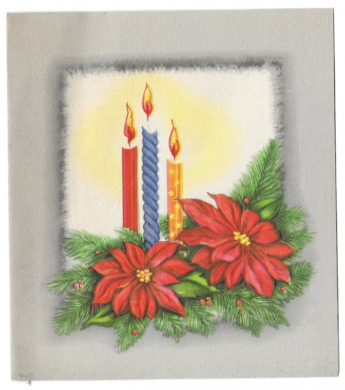 VINTAGE 1940s WWII ERA Christmas Greeting Card Art Deco Poinsettia & Candles