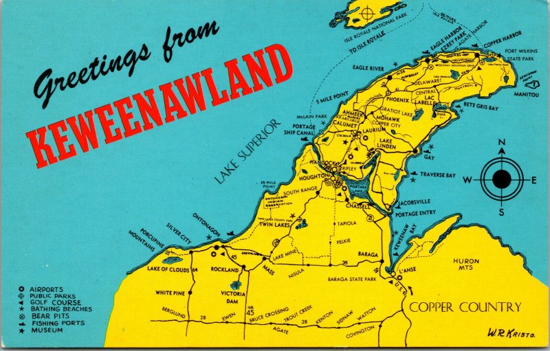 Vtg 1960s Greetings from Keeweenawland Map Copper Country Michigan MI Postcard