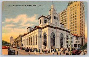 Miami Florida~Gesu Catholic Church On Corner~Vintage Postcard