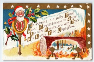 Santa Claus Christmas Postcard Yule Log Stars Lions Head ML Jackson Embossed