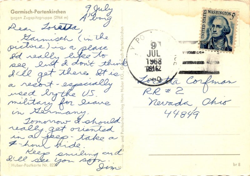 Garmisch-Partenkirchen, postcard, sender, Germany, U.S. military person Postcard