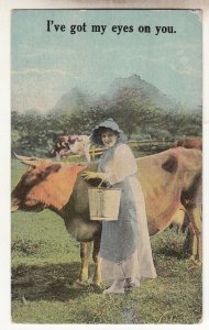 P3149 old postcard a cow w/woman milkbucket i,ve got my eyes on you