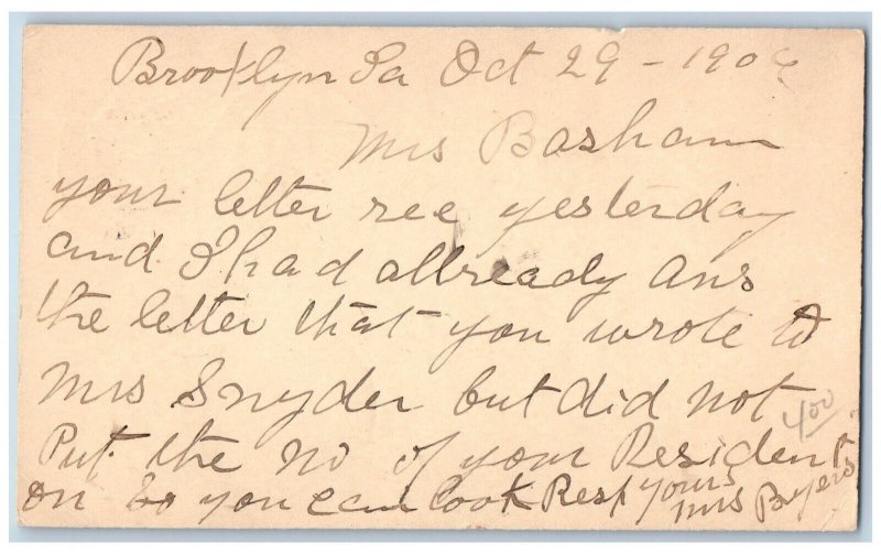 Brooklyn PA Des Moines IA Postal Card Letter to Mrs Basham 1906 Antique Posted