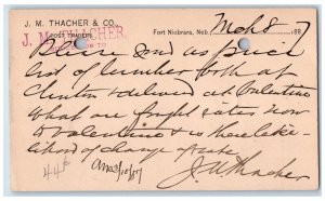 1887 J.M. Thacher & Co. Stamp Fort Niobrara Nebraska NE Clinton IA Postal Card 