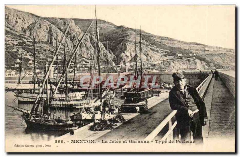 Menton - La Jetee and Garavan -Type Fisherman - Old Postcard boat ship TOP