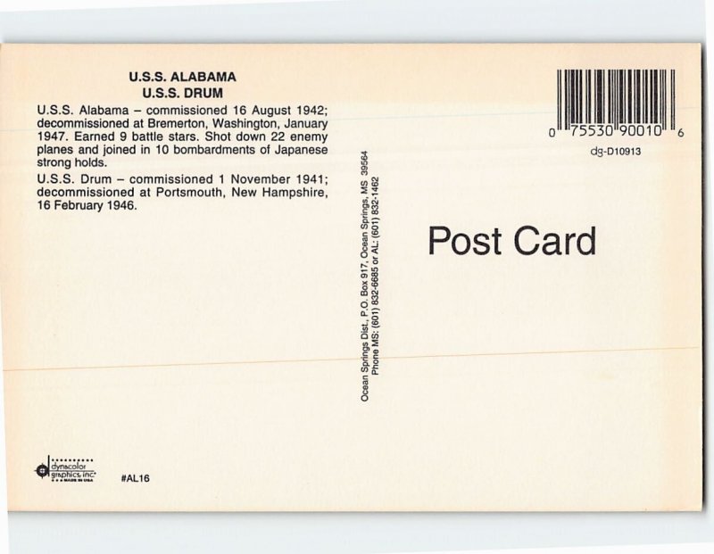 Postcard U.S.S. Alabama & U.S.S. Drum, Battleship Memorial Park, Mobile, AL