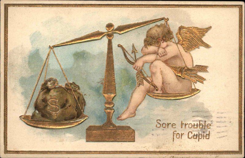 Valentine Fantasy Cupid on Old Scales Against Money c1910 Vintage Postcard