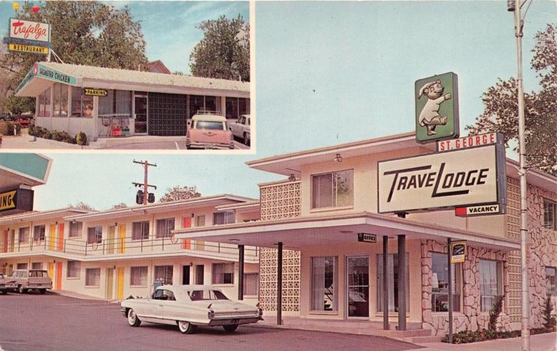 ST GEORGE UT TRAVELODGE MOTELTRAFALGA RESTAURANTFINNED CADILLAC POSTCARD 1965