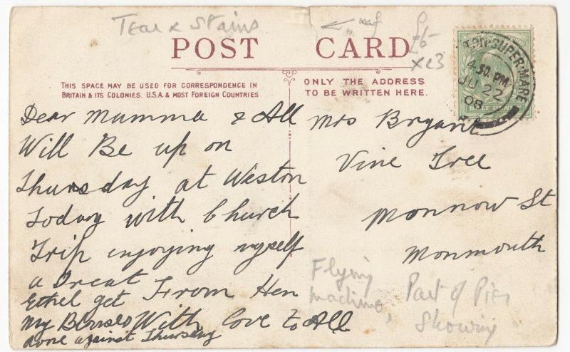 Somerset; Flying Machine, Old Pier, Weston Super Mare PPC, 1908 PMK