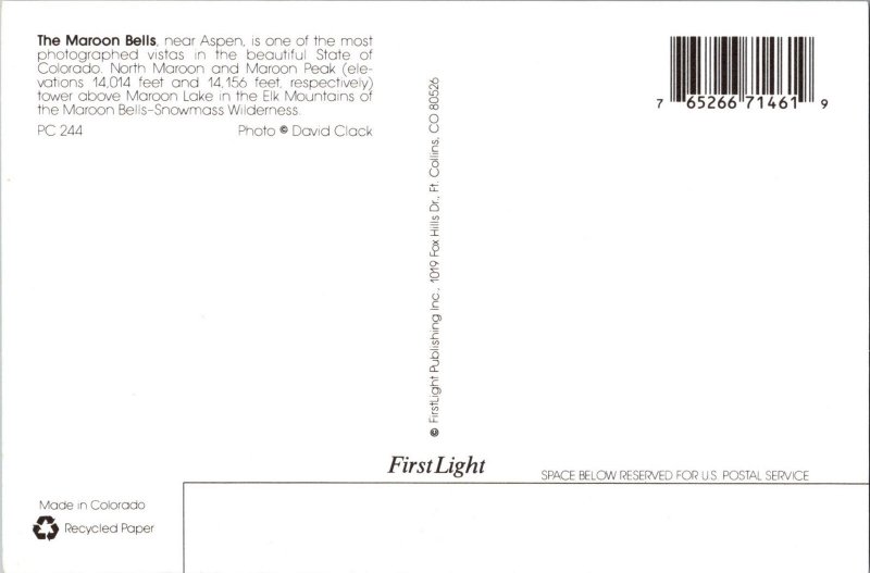 Continental Postcard The Maroon Bells Aspen, Colorado CF5