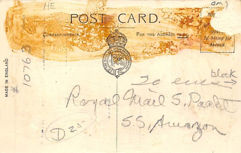 SS Amazon Royal Mail Writing on back, missing stamp 