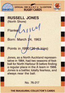 Russell Jones North Harbour 1991 Hand Signed Rugby Card Photo