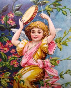 New Years Postcard Angel Girl In Tree With Tambourine Germany SL & Co Langsdorf