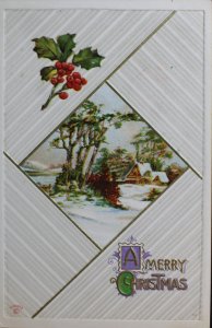 A Merry Christmas Holly and Snow Covered House