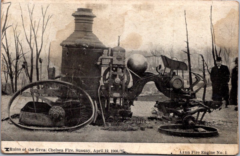 Destroyed Lynn Fire Engine #1 after Chelsea MA Fire 1908 undivided back