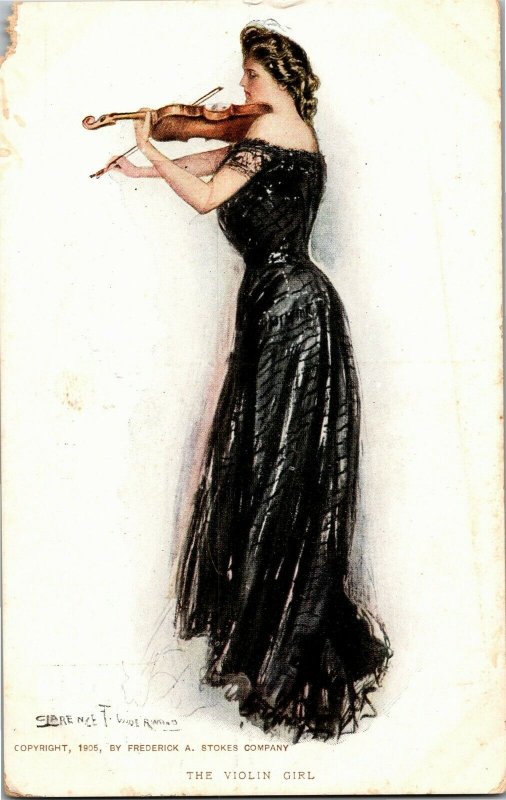 Woman Black Gown Playing Violin Girl Artist Clarence Underwood Vtg Postcard A02