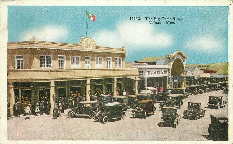 Automobiles Big Curio Stores Flags C-1910 Postcard Tijuana Mexico 11908