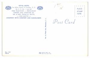 1950s/60s Royal Motel, Camden, SC Postcard
