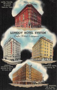 Advertising  LOVEJOY HOTEL SYSTEM Hotels In TN~MO~PA & IN c1940's Linen Postcard