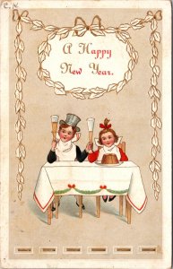 Happy New Year Postcard Two Children at Dinner Table Toasting to New Year