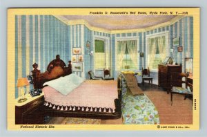 Hyde Park NY- New York, Franklin D. Roosevelt's Bed Room Interior Linen Postcard 